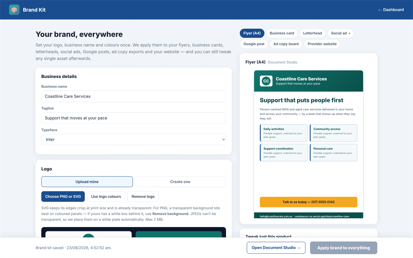 The CareBeacon Brand Kit with a provider's logo and colours previewed on a flyer
