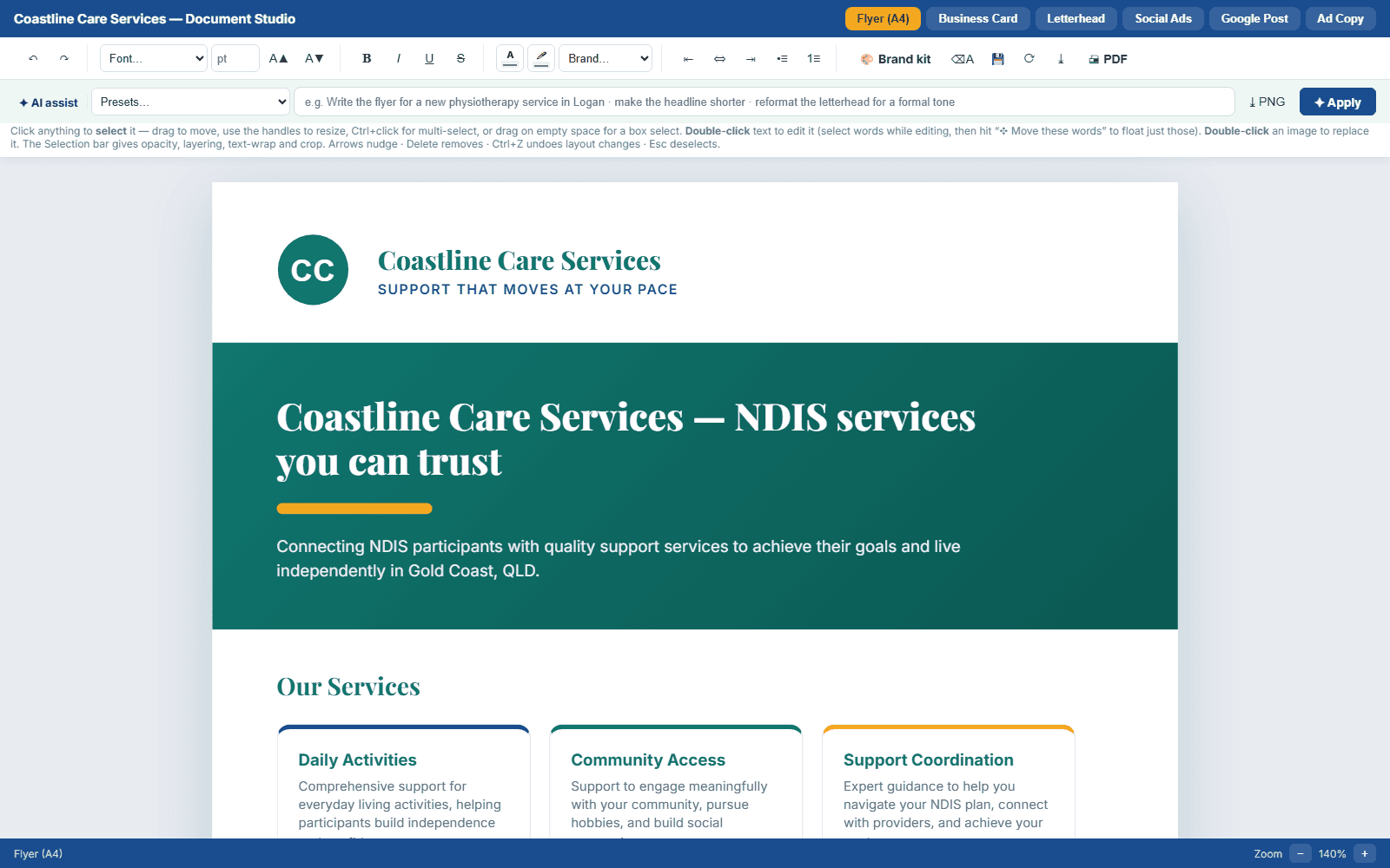 Document Studio showing an A4 flyer already carrying the provider's logo, colours and services